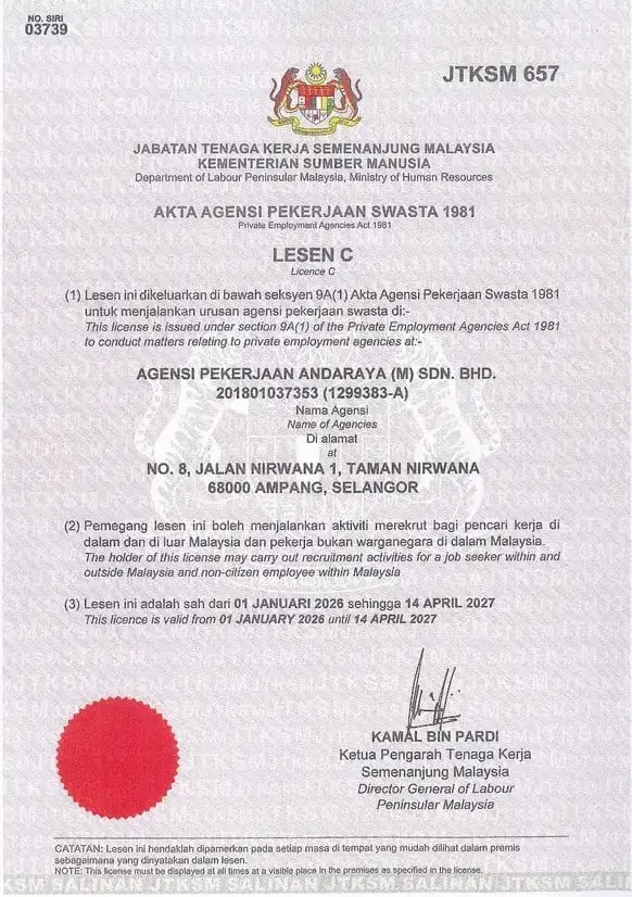 Official JTKSM Licence C Certificate No. 657 document